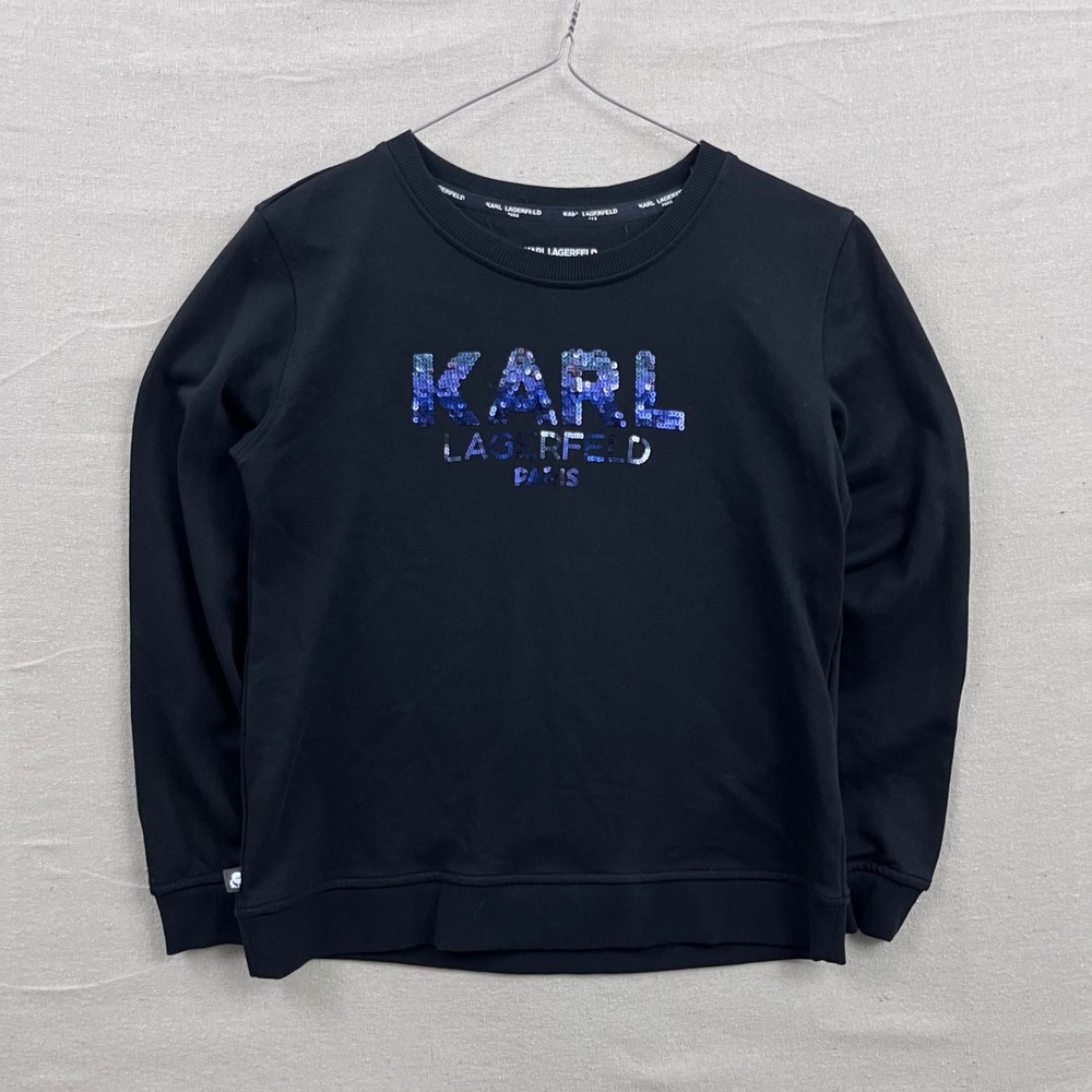 Karl Lagerfeld Paris Sweatshirt Womens Small Black Sequined Logo Crew Neck